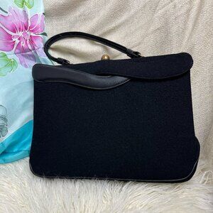 Vintage 1950s Mid-Century Crown Lewis Black Wool Bag Brass Closure Hand Shoulder